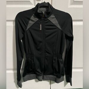 Reebok Women's Black Zip-Front Athletic Bomber Jacket with Gray Stripe Accents
